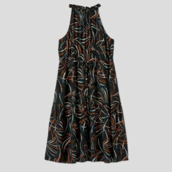 Ava & Viv Maxi Printed Dress 1X Waist Tie Black Orange Tan White Halter - Picture 1 of 8